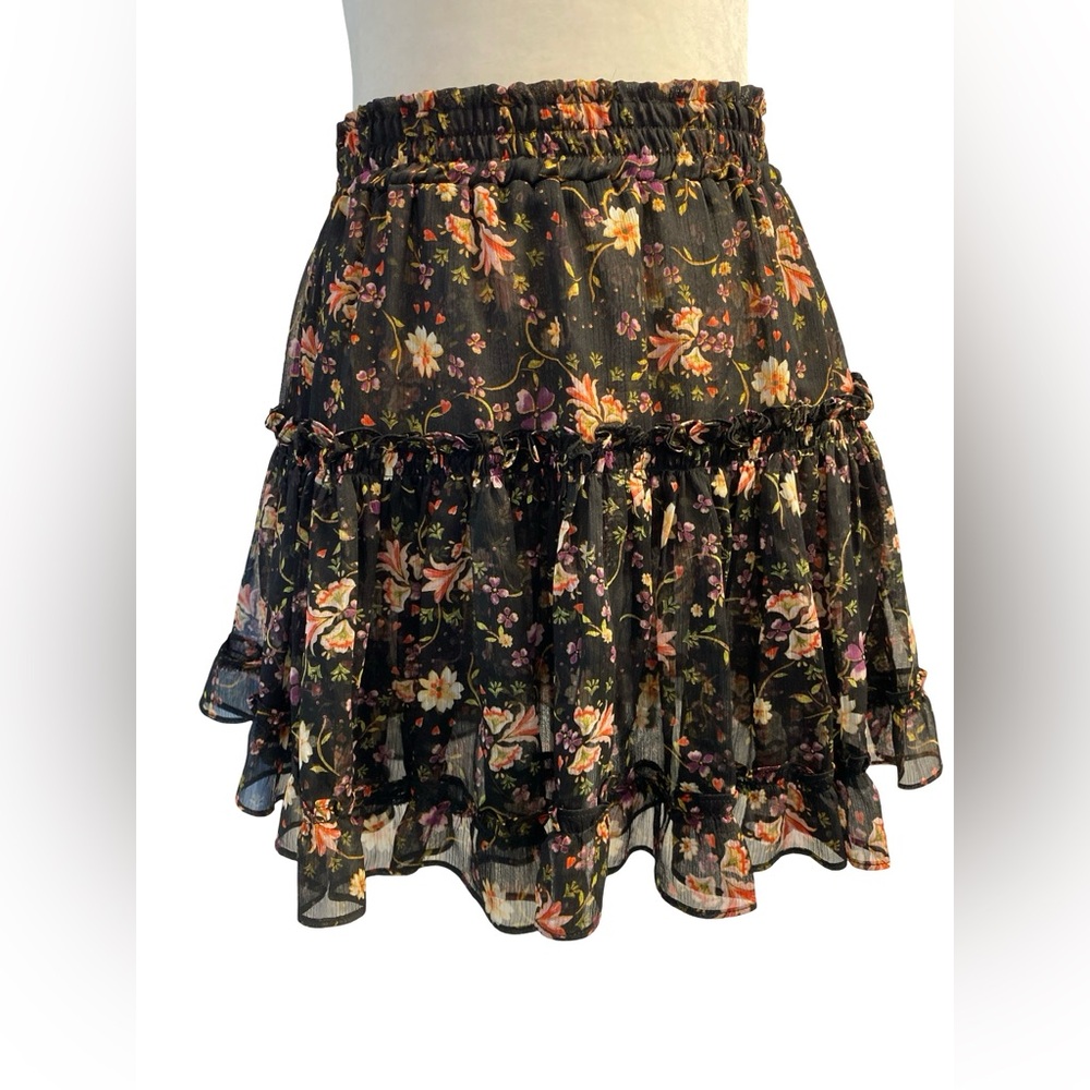 MISA Black Floral Ruffle Mini Skirt – Boho Luxe Tiered Sheer Overlay Size Small - Picture 3 of 11